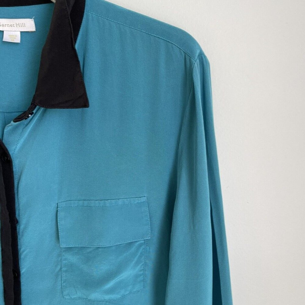 Garnet Hill Blue Black Trim 100% Silk Long Sleeve Button Down Blouse - Picture 5 of 8
